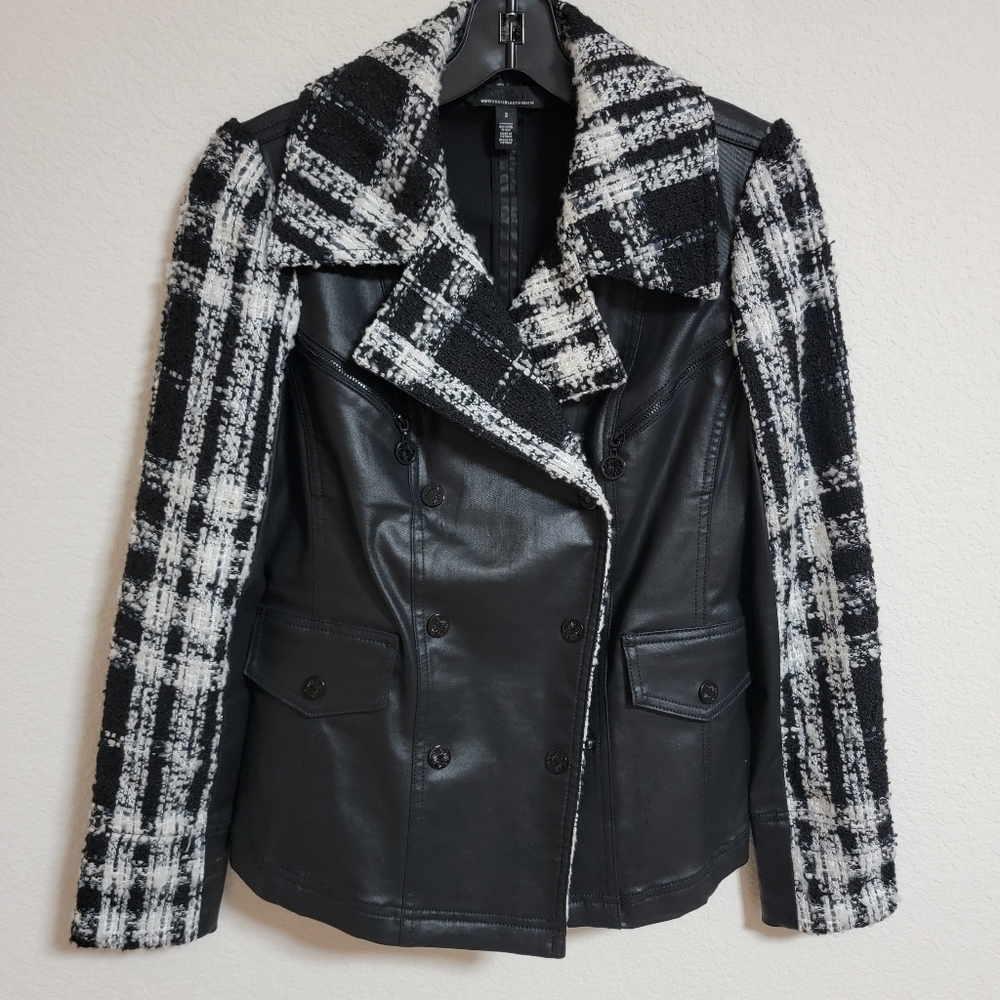 White House Black Market Tweed and Faux Leather Plaid Jacket